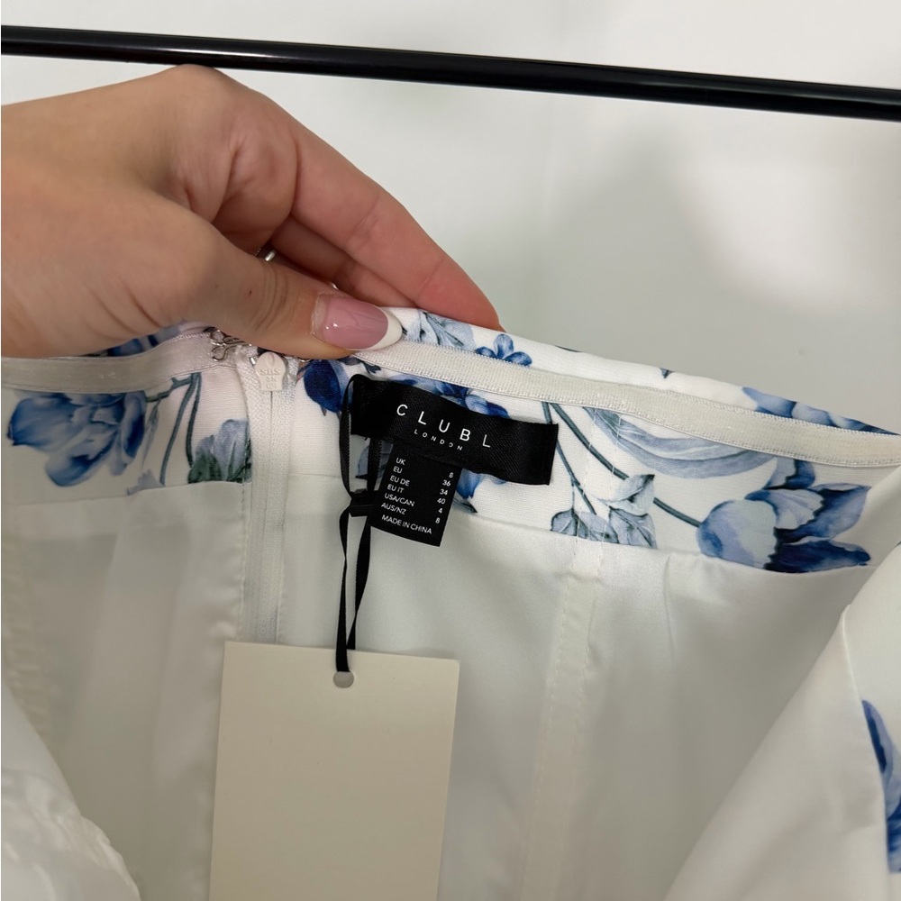 Club L London Blue Porcelain Print Bandeau Midi Dress With Volume Skirt - NWT - Picture 7 of 10